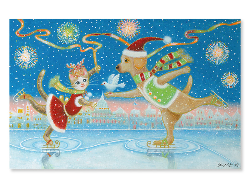 Colorful illustration of a cat ice skating with a dog, both dressed for the holidays, with streamers and fireworks in the background.