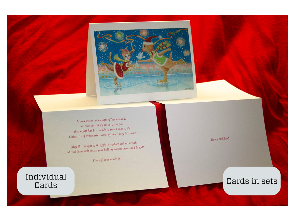 Display showing front of card, interior, and envelope with red script writing. Holiday cards can be sold individually or in sets.