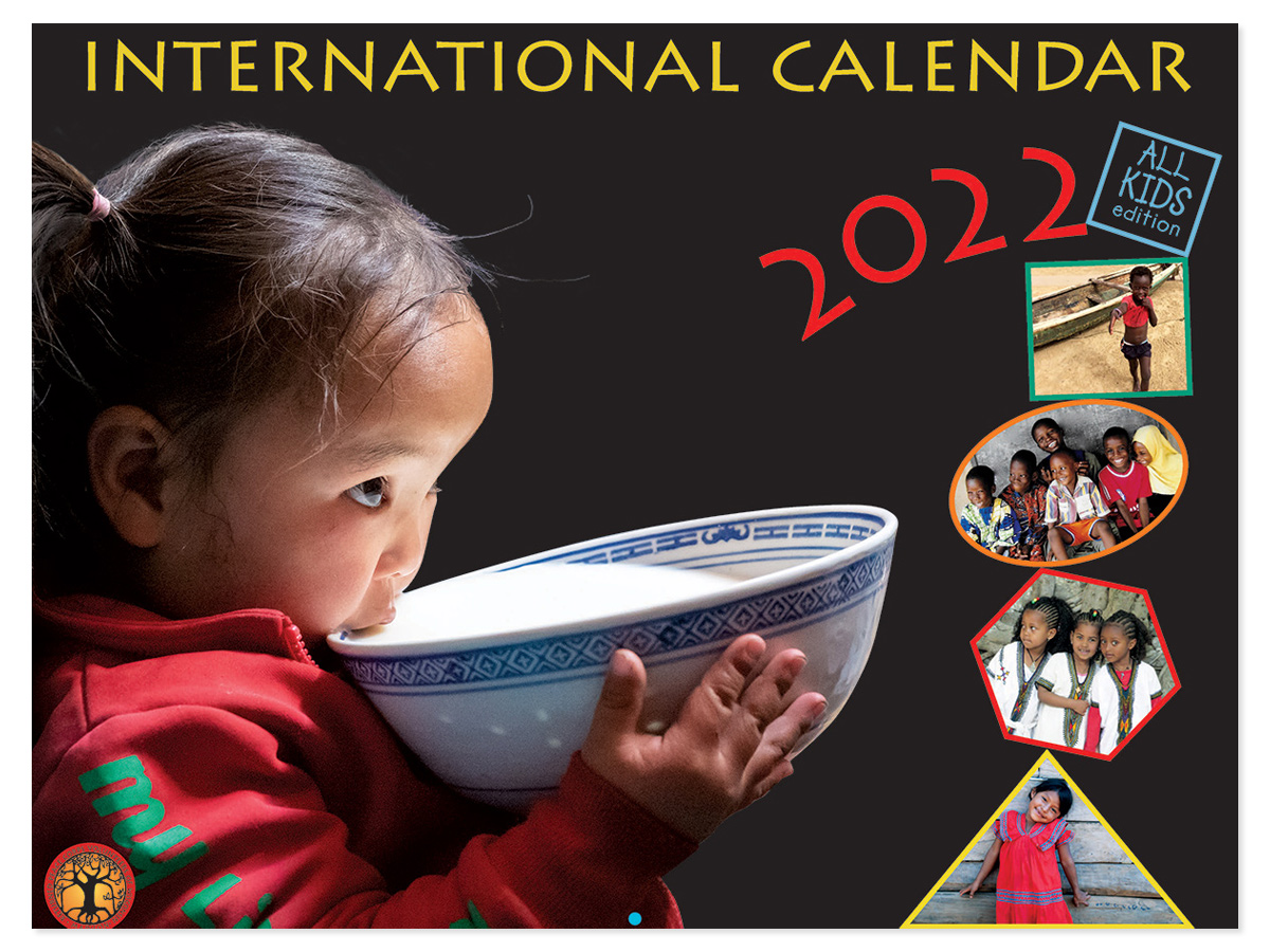 Cover of the 2022 International Calendar, All Kids Edition, which shows images of children from around the world.