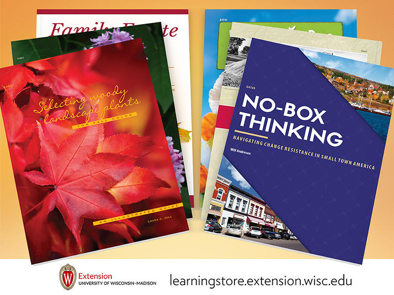 A display of books and publications from the Division of Extension Learning Store.