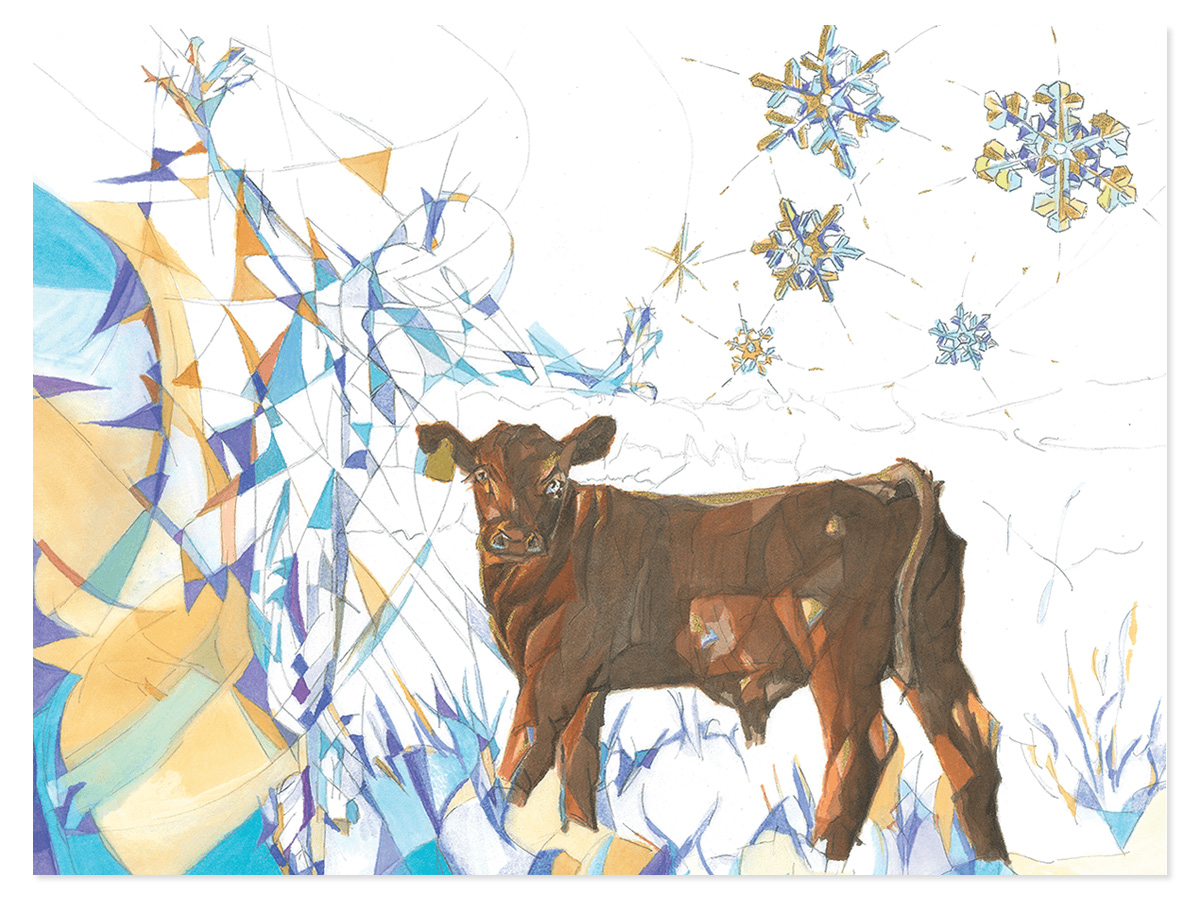 The front of the card “Snow Curious”, depicting a watercolor of a cow in an abstract snowy environment.