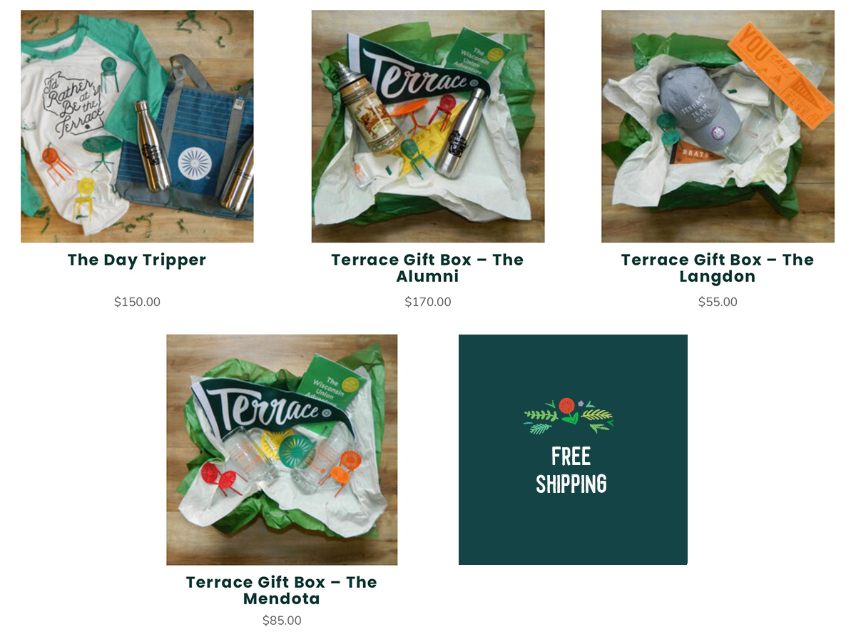 Four gift boxes with items from the Terrace Store. Free shipping.