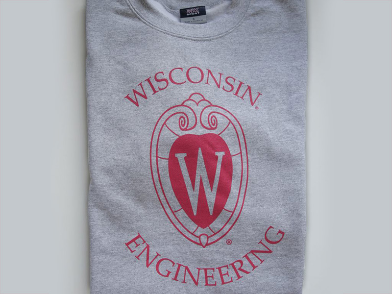 Grey crew neck pullover with red College of Engineering crest and words Wisconsin Engineering.
