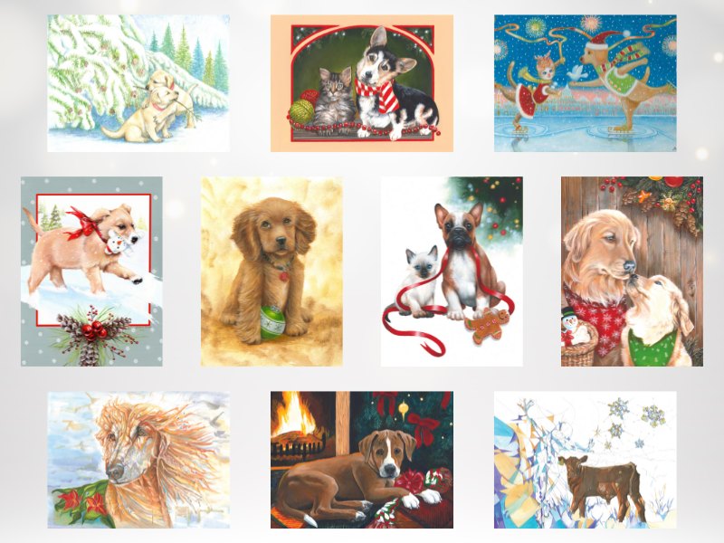 An assortment of holiday cards with colorful illustrations featuring dogs, cats and one calf.