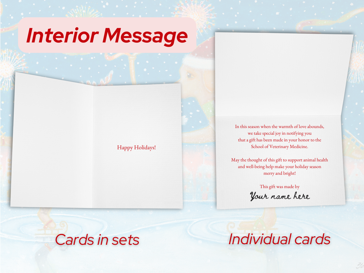 The interior of two cards. Cards in sets say Happy Holidays, and individual cards may be purchased which note a gift has been made in the recipient's honor.
