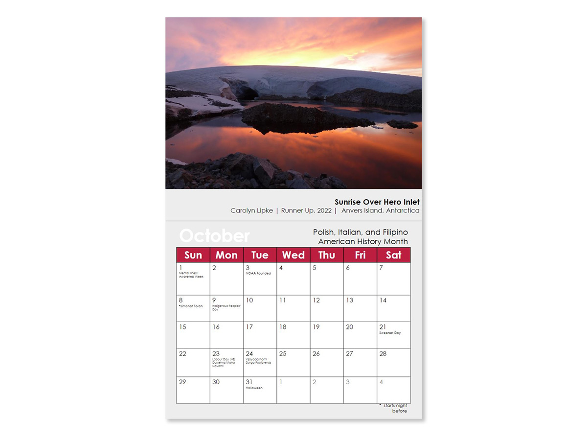 The month of October in the Atmospheric, Oceanic & Space Sciences 2023 Community Calendar showing a colorful sunrise over Hero Inlet in Antarctica.