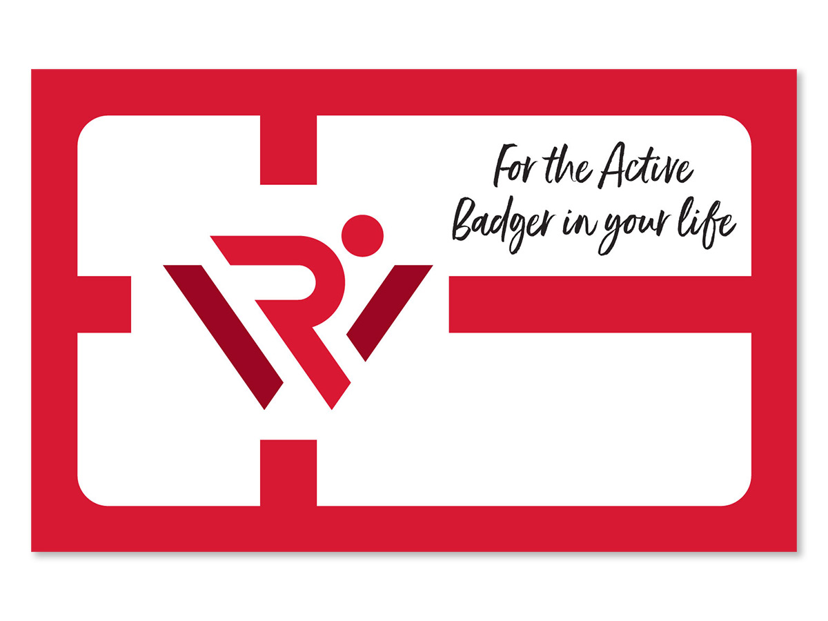 Red and white gift card for RecWell which says For the Active Badger in your life.