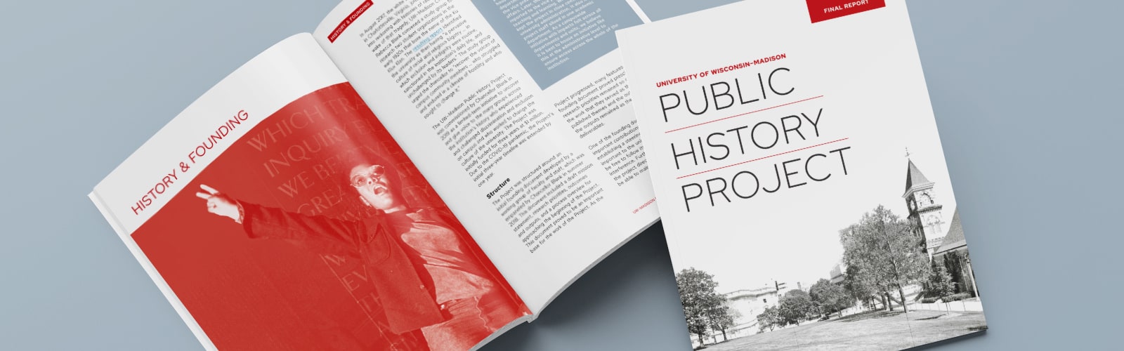 View of front cover and spread of UW–Madison’s Public History Report.
