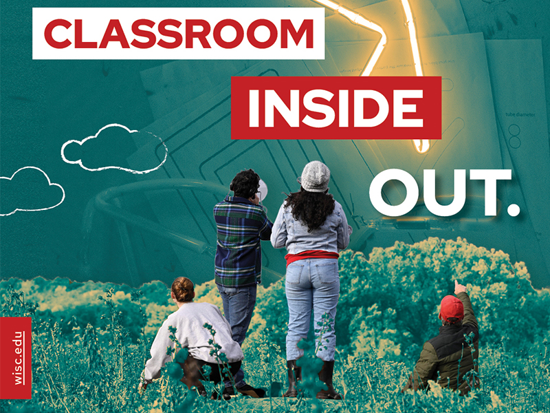 A photo illustration of four people in a field, with one person pointing to the words Classroom Inside Out.