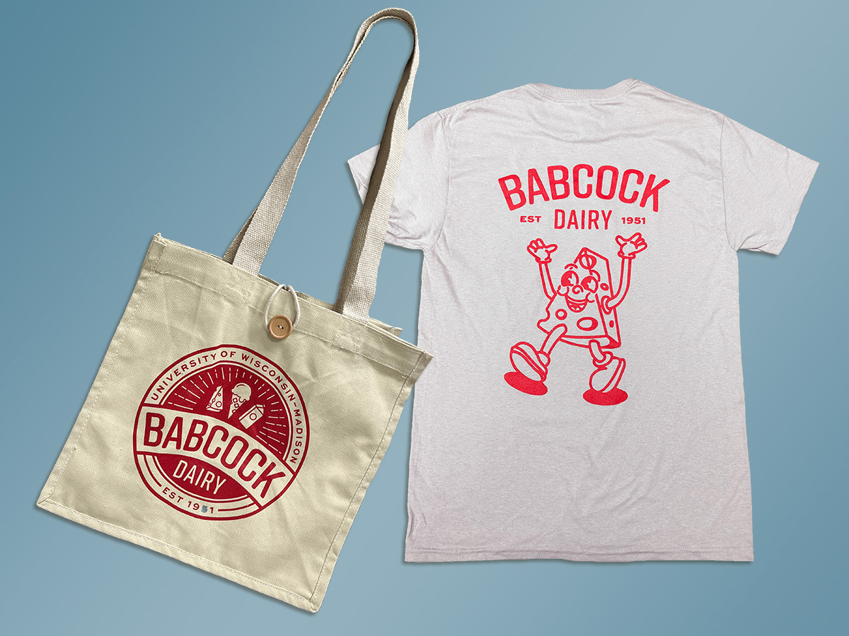 Babcock Dairy branded tote bag and t-shirt.