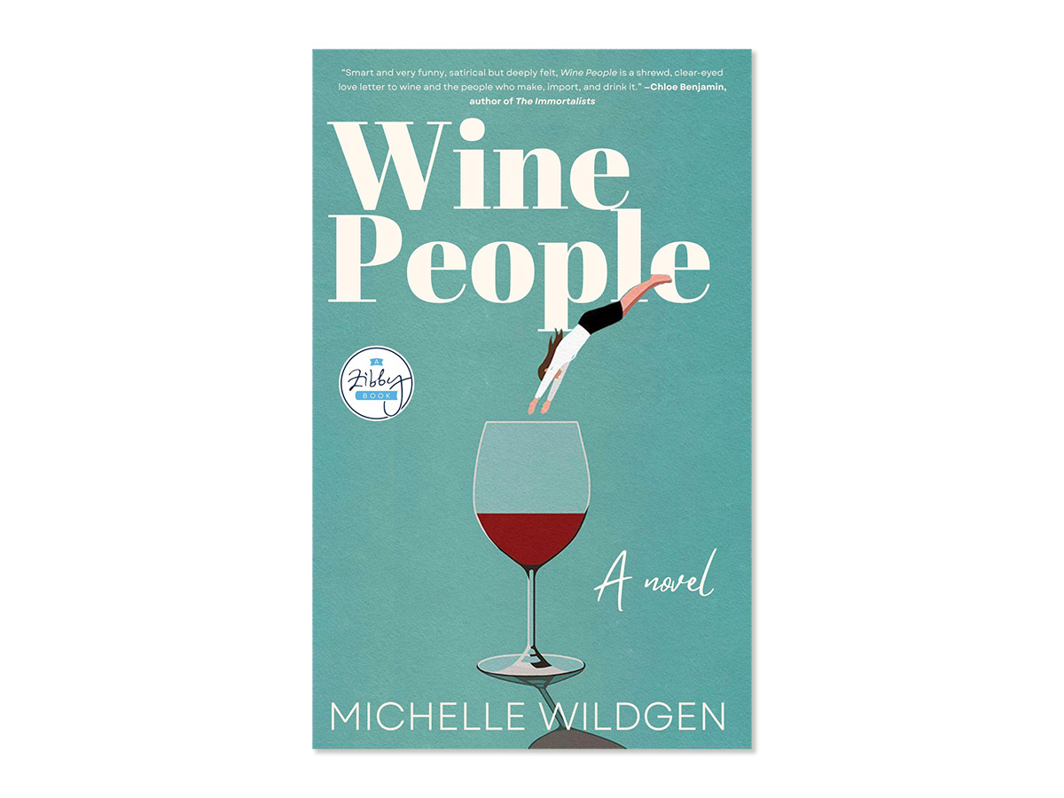 The Wine People book cover which depicts an illustration of a person diving into a glass of red wine.